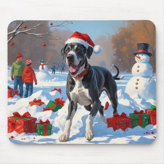 Great Dane Rent in de Sneeuw met Kerstmuts Muismat (Voorkant)