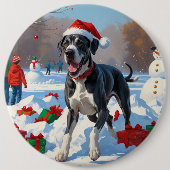 Great Dane Rent in de Sneeuw met Kerstmuts Ronde Button 6,0 Cm (Voorkant)