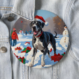 Great Dane Rent in de Sneeuw met Kerstmuts Ronde Button 6,0 Cm