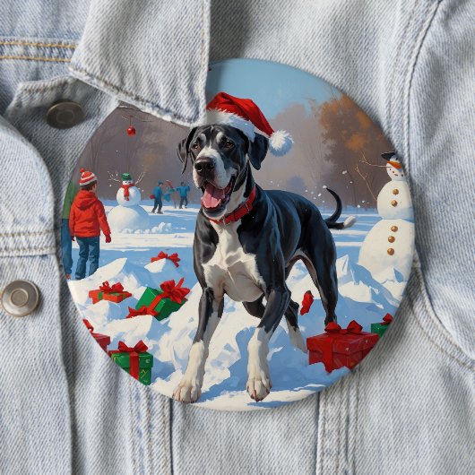 Great Dane Rent in de Sneeuw met Kerstmuts Ronde Button 6,0 Cm (In situ)