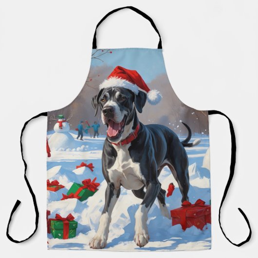 Great Dane Rent in de Sneeuw met Kerstmuts Schort (Voorkant)