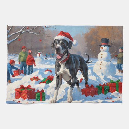 Great Dane Rent in de Sneeuw met Kerstmuts Theedoek (Horizontaal)