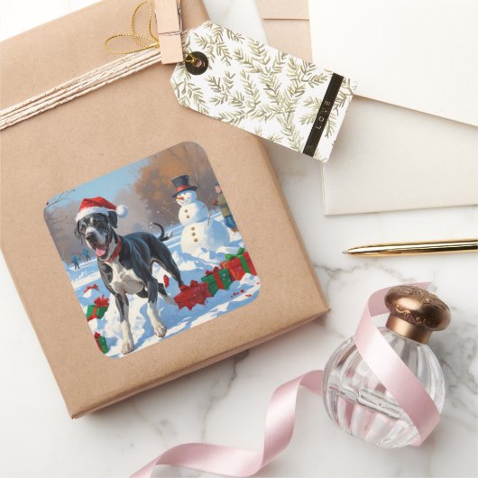 Great Dane Rent in de Sneeuw met Kerstmuts Vierkante Sticker (Geschenken)