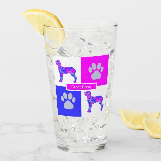 Great Dane Silhouette Dog & Paw Pink Blue Square Glas (Voorkant ijs)