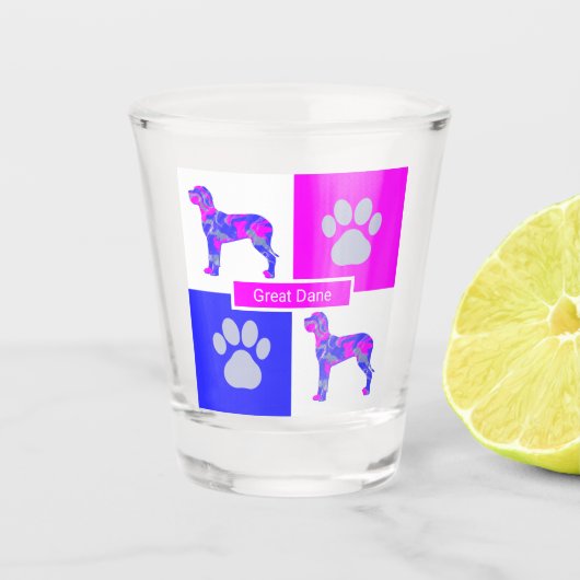 Great Dane Silhouette Dog & Paw Pink Blue Square Shot Glas (Voorkant)