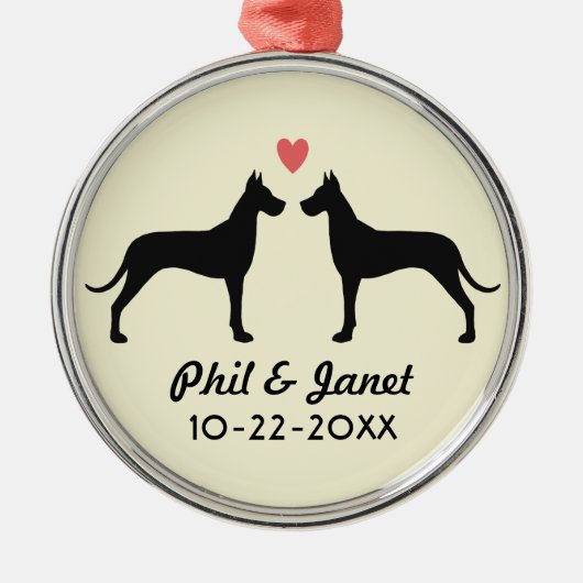 Great Dane Silhouettes Love Weddenr Couple Custom Metalen Ornament (Voorkant)