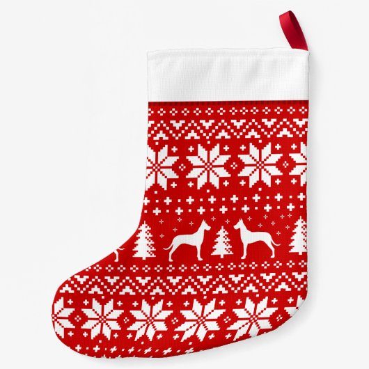 Great Dane Silhouettes Pattern Red en White Cute Kleine Kerstsok (Achterkant)