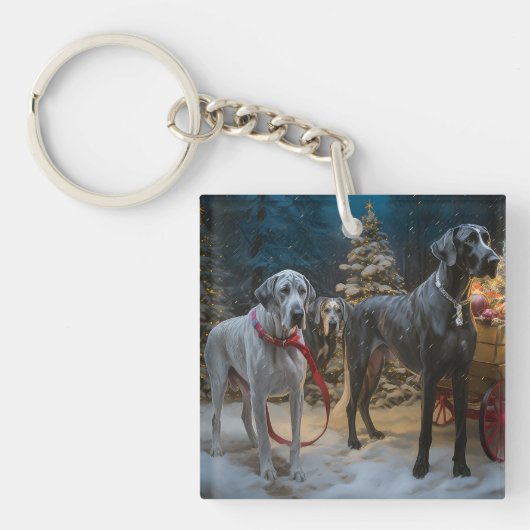 Great Dane Sneeuw Slede Kerst Decoratie Sleutelhanger (Voorkant)