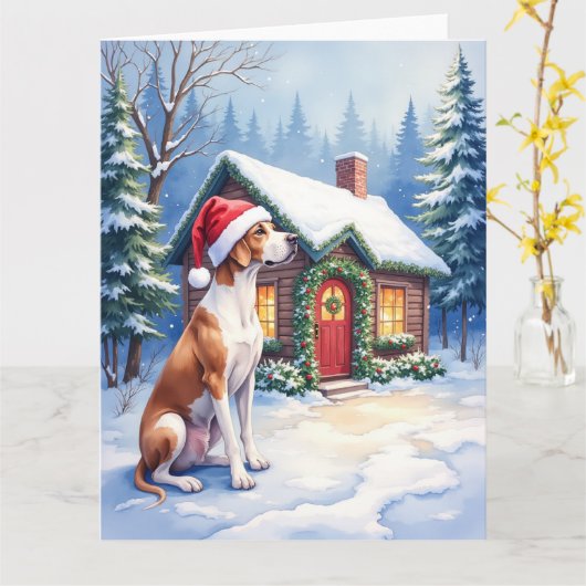 Great Dane Snowy Cabin Santa Hat Christmas Art Kaart (Gele Bloem)