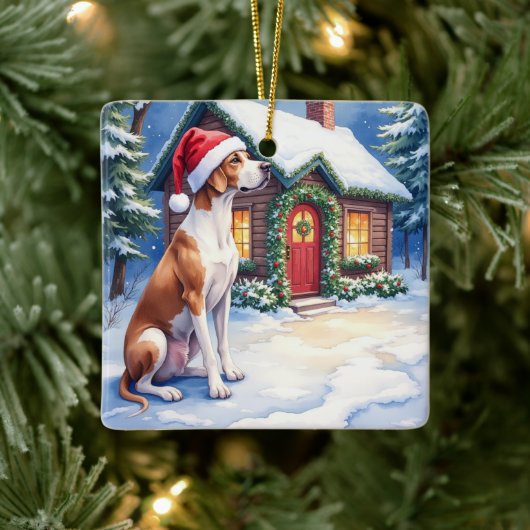 Great Dane Snowy Cabin Santa Hat Christmas Art Keramisch Ornament (Boom)
