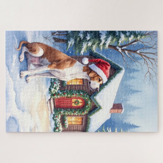 Great Dane Snowy Cabin Santa Hat Christmas Art Legpuzzel (Horizontaal)