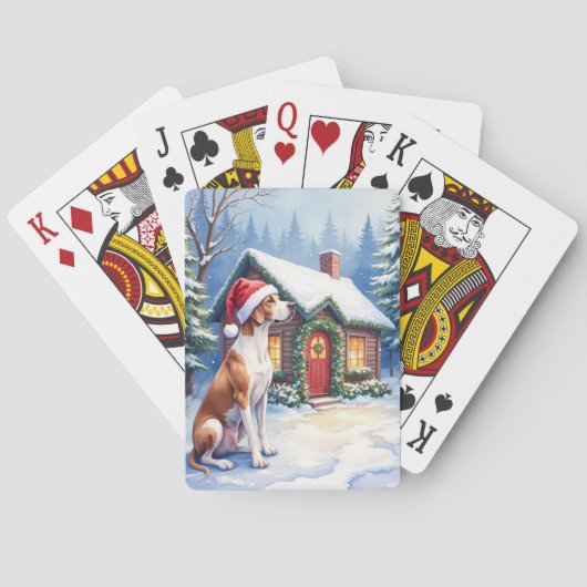 Great Dane Snowy Cabin Santa Hat Christmas Art Pokerkaarten (Achterkant)