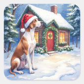 Great Dane Snowy Cabin Santa Hat Christmas Art Vierkante Sticker (Voorkant)