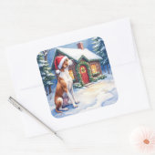 Great Dane Snowy Cabin Santa Hat Christmas Art Vierkante Sticker (Envelop)