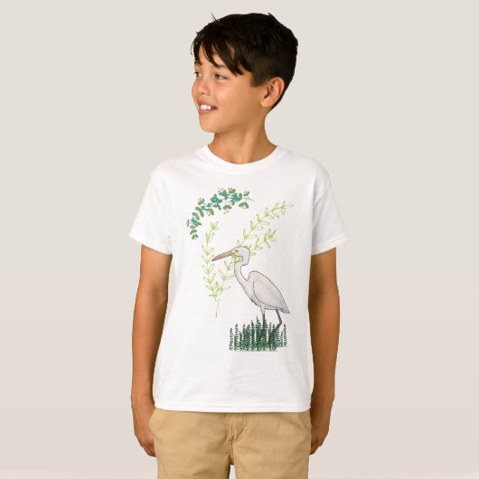 Great Egret bloemenvogelpatroon T-shirt (Voorkant volledig)