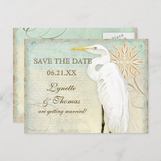 Great Egret Coastal Beach - Save the Date Briefkaa Aankondigingskaart (Voorkant / Achterkant)