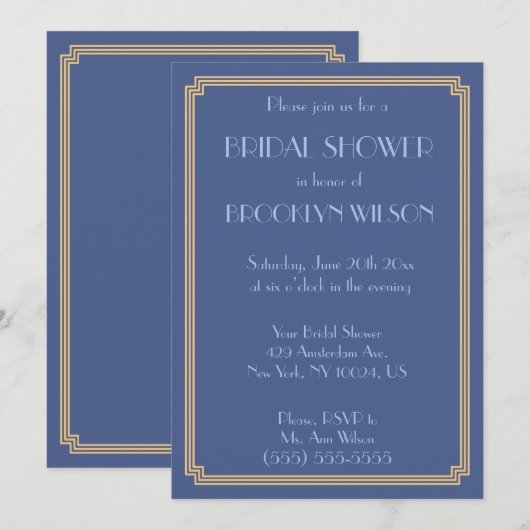 Great Gatsby Art Deco Blue Vrijgezellenfeest nodig Kaart (Voorkant / Achterkant)