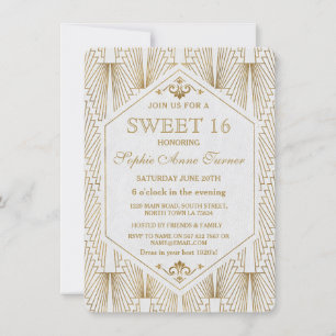 Great Gatsby Art Deco Gold White Sweet 16 Invite Kaart