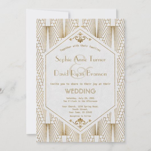Great Gatsby Art Deco Gold White Wedding Invite Kaart (Voorkant)