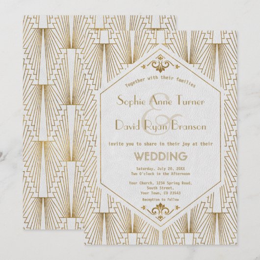 Great Gatsby Art Deco Gold White Wedding Invite Kaart (Voorkant / Achterkant)