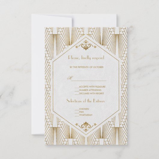Great Gatsby Art Deco Gold White Wedding RSVP (Voorkant)