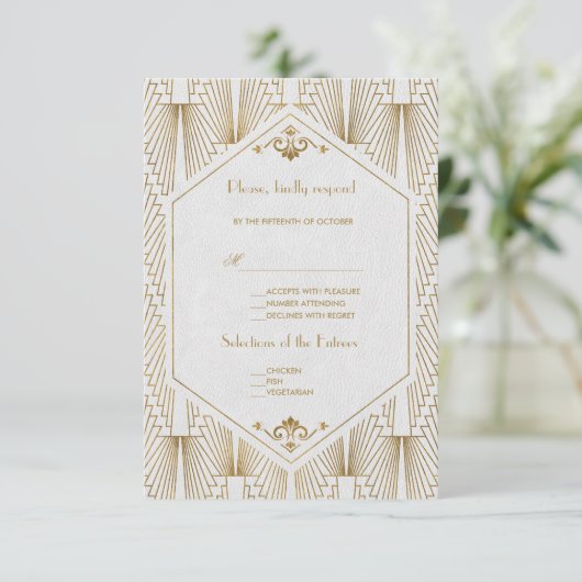 Great Gatsby Art Deco Gold White Wedding RSVP (Staand voorkant)