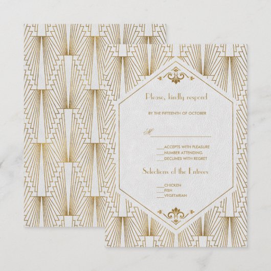 Great Gatsby Art Deco Gold White Wedding RSVP (Voorkant / Achterkant)