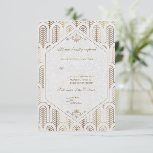 Great Gatsby Art Deco Gold White Wedding RSVP (Staand voorkant)