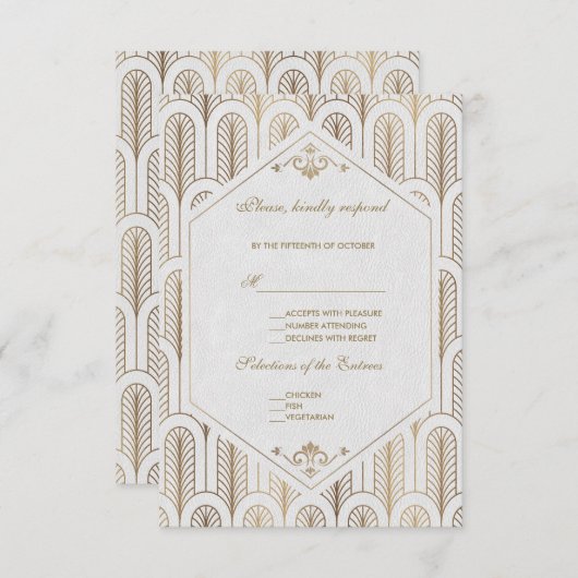 Great Gatsby Art Deco Gold White Wedding RSVP (Voorkant / Achterkant)