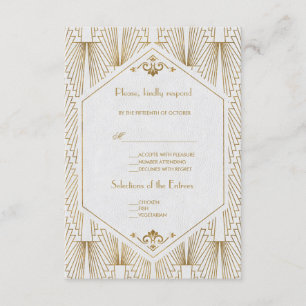Great Gatsby Art Deco Gold White Wedding RSVP Kaartje