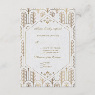 Great Gatsby Art Deco Gold White Wedding RSVP Kaartje
