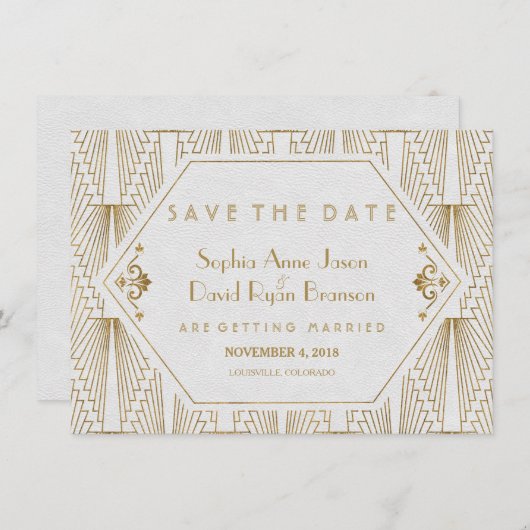 Great Gatsby Art Deco Goud Wit Save The Date (Voorkant / Achterkant)