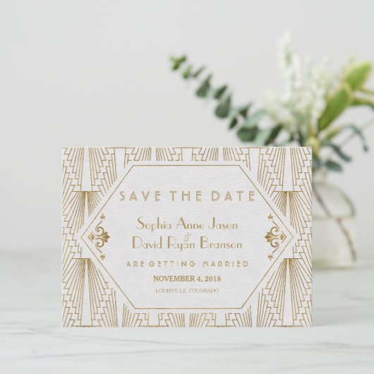 Great Gatsby Art Deco Goud Wit Save The Date (Staand voorkant)