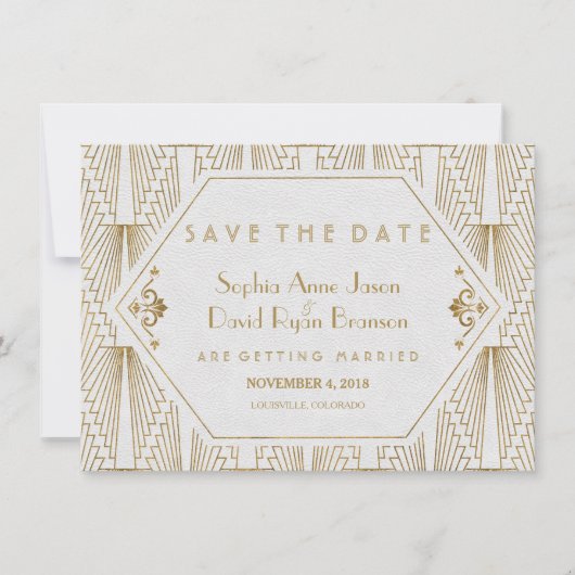 Great Gatsby Art Deco Goud Wit Save The Date (Voorkant)