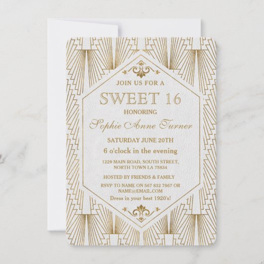 Great Gatsby Art Deco Goud Witte Sweet 16 Uitnodig Kaart (Voorkant)