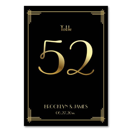 Great Gatsby Art Deco Table Number 52 Gold Black Kaart (Voorkant)