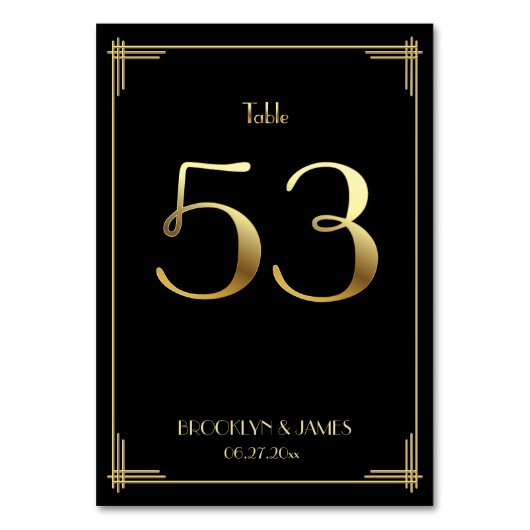 Great Gatsby Art Deco Table Number 53 Gold Black Kaart (Voorkant)