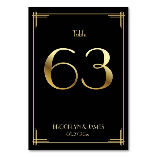 Great Gatsby Art Deco Table Number 63 Gold Black Kaart (Achterkant)