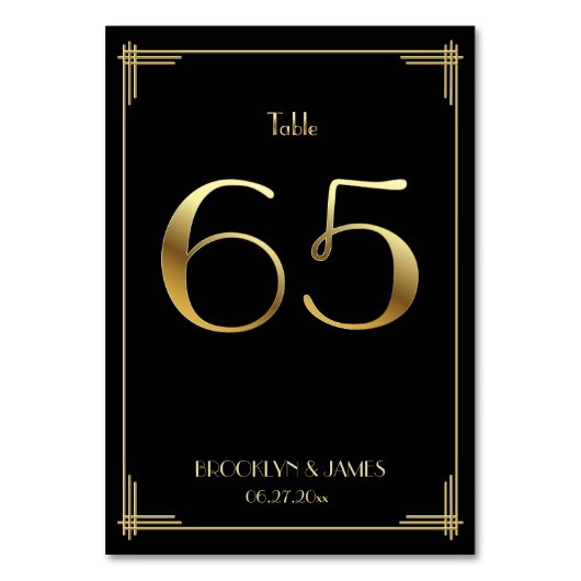 Great Gatsby Art Deco Table Number 65 Gold Black Kaart (Achterkant)