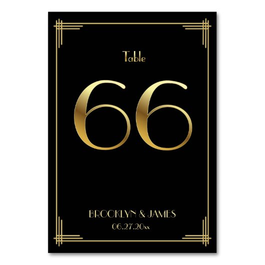 Great Gatsby Art Deco Table Number 66 Gold Black Kaart (Voorkant)