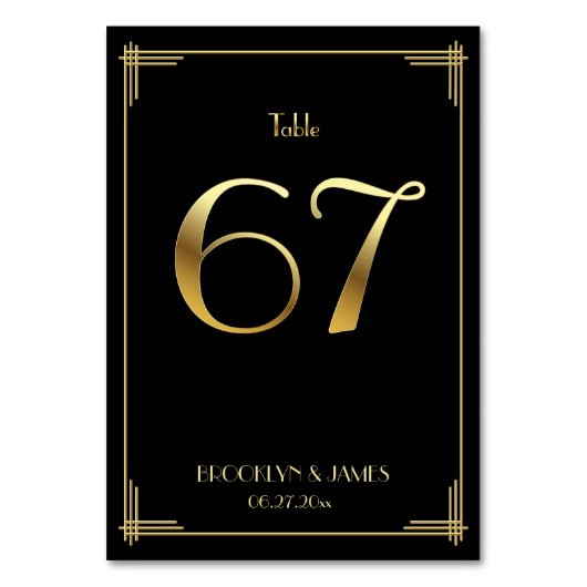 Great Gatsby Art Deco Table Number 67 Gold Black Kaart (Voorkant)