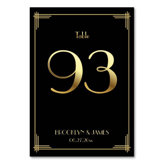 Great Gatsby Art Deco Table Number 93 Gold Black Kaart (Voorkant)