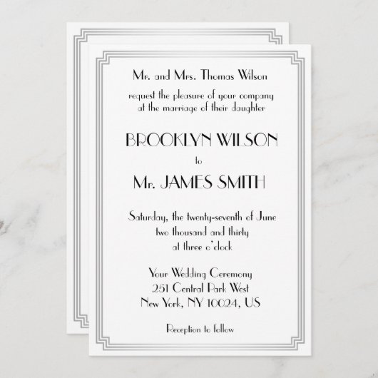 Great Gatsby Art Deco Zilver Witte Trouw Uitnodigi Kaart (Voorkant / Achterkant)