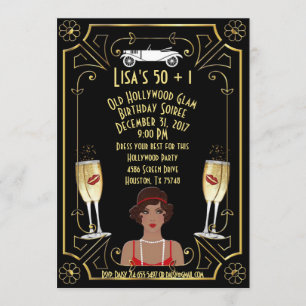 Great Gatsby Black Flapper Girl Hollywood Invite Kaart