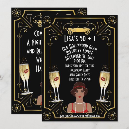 Great Gatsby Flapper Black Girl Hollywood Invite Kaart (Voorkant / Achterkant)