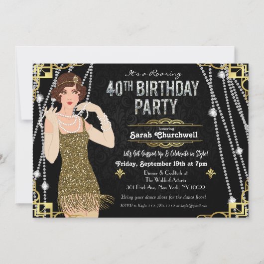 Great Gatsby Flapper Girl 40th Birthday Invitation Kaart (Voorkant)