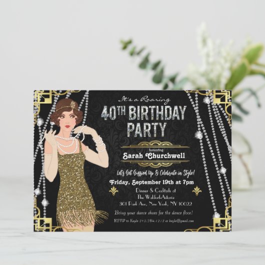 Great Gatsby Flapper Girl 40th Birthday Invitation Kaart (Staand voorkant)
