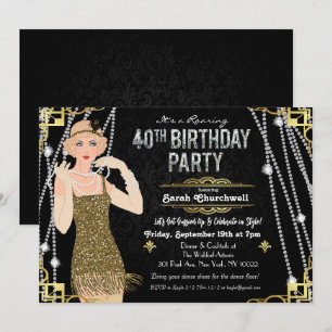 Great Gatsby Flapper Girl 40th Birthday Invitation Kaart