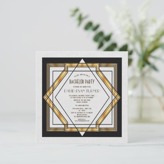 Great Gatsby Gold White Art Deco Wedding Invite Kaart (Staand voorkant)