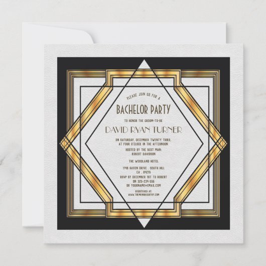 Great Gatsby Gold White Art Deco Wedding Invite Kaart (Voorkant)